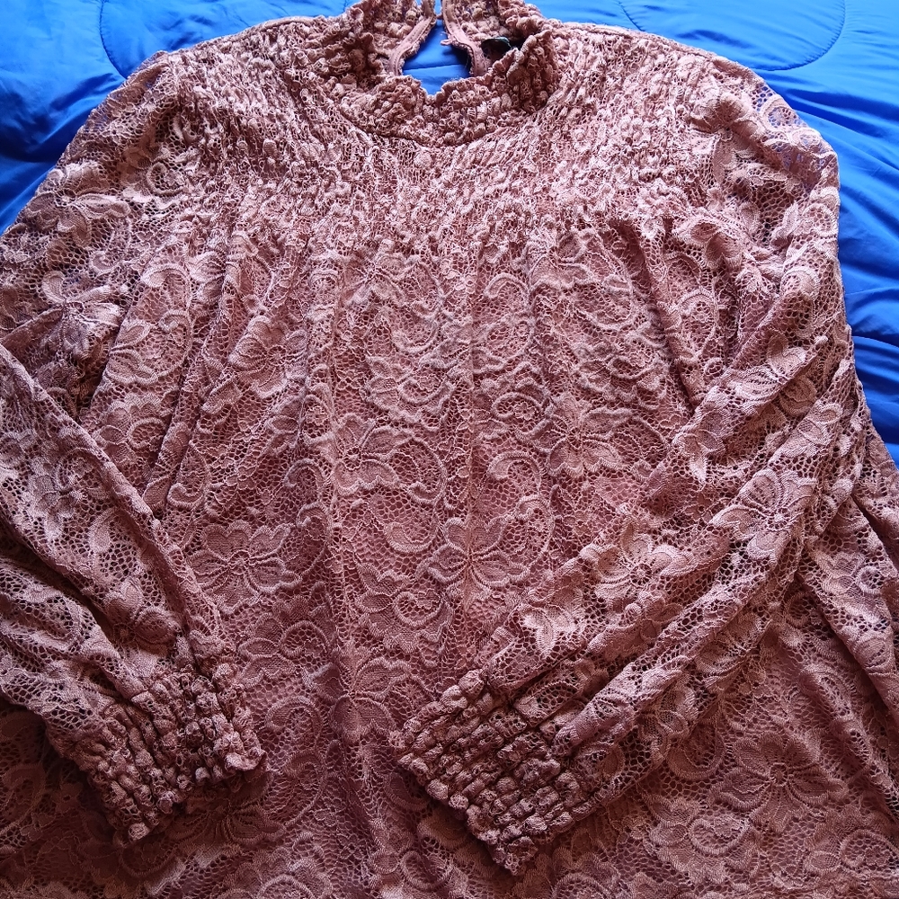 CABLE & GAUGE Women’s Rosy Tan Lace Overlay Lined Nylon Spandex Blouse Size 2X